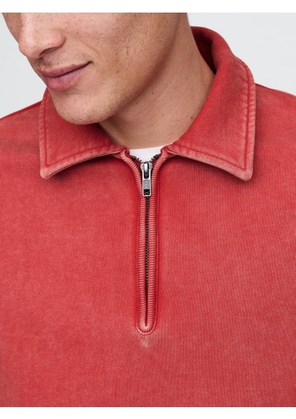 Erkek Kırmızı Heavyweight Oversized Yarım Fermuarlı Sweatshirt modelleri