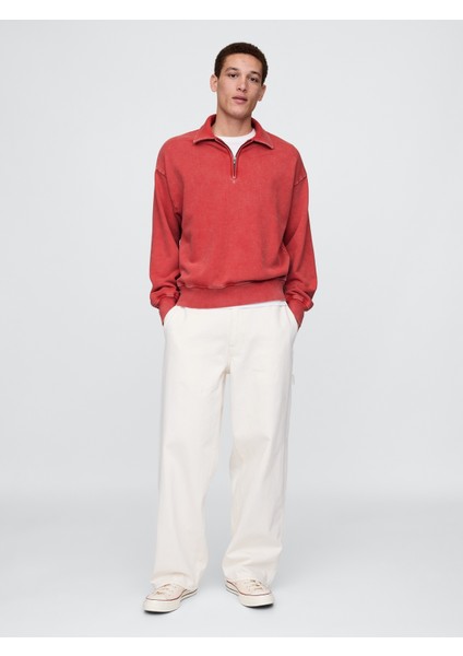Erkek Kırmızı Heavyweight Oversized Yarım Fermuarlı Sweatshirt indirimleri