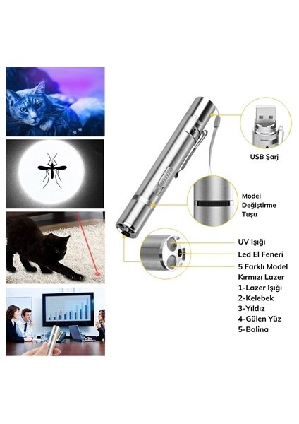 USB Ile Şarj Edilebilen 3ın 1 Kırmızı Işık +Beyaz LED Meşale Işık + Uv El Feneri Kedi Lazeri