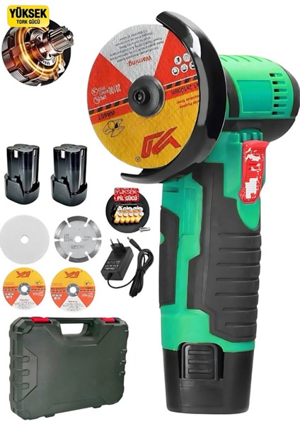 Alman 958RPM Çift Batarya Şarjlı Açılı Avuç Taşlama Demir Kesme Makinesi Çantalı 4 Adet Taş
