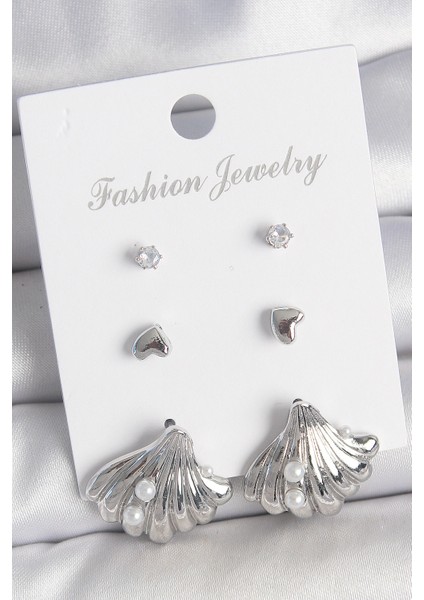 Pirinç Gümüş Renk Zirkon Taş Detaylı Inci Detaylı Deniz Kabuğu Model 3 Çift Kadın Küpe - Lisinya