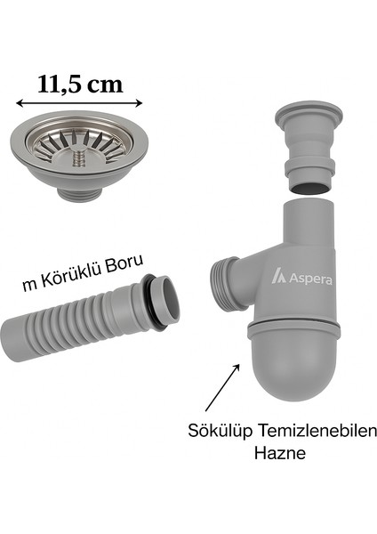 Taslı Çöpmak Evye Sifonu – Gri Renk, Koku Önleyici, Temizlenebilir ve Şık Lavabo Altı Kovası
