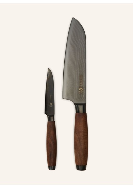 Santoku ve Sebze Bıçağı Seti, Şam Çeliği, Dlc Kaplama, Ceviz Sap