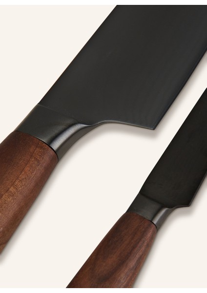 Santoku ve Sebze Bıçağı Seti, Şam Çeliği, Dlc Kaplama, Ceviz Sap