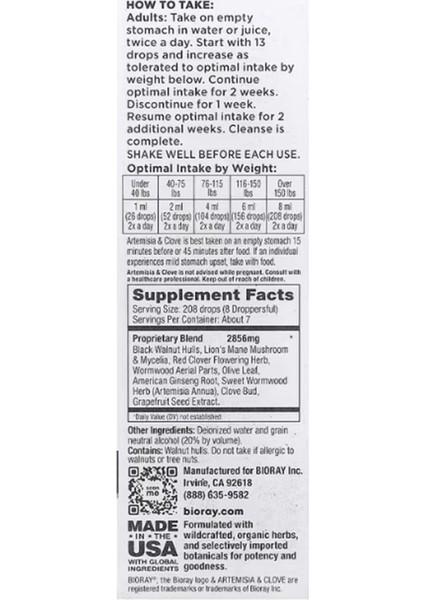 Bioray, Artemisia & Clove, 2 Fl Oz (59 Ml).abd Menşei fiyatları