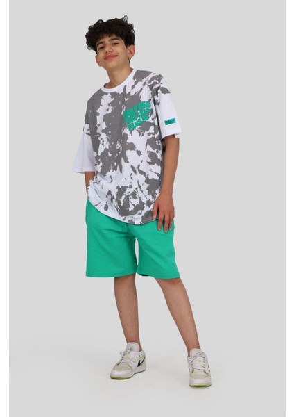 7-14 Batik Desen Genç Tarz Erkek Şortlu Takım -Yeşil
