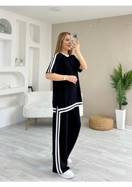 Kadın Kısa Kollu Bisiklet Yaka Çift Renk Şerit Detaylı Viskon Iki Iplik Bluz ve Pantolon Ikili Takım
