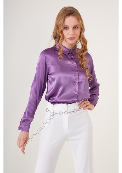 3964 Hafif Dökümlü Saten Gömlek - Mor