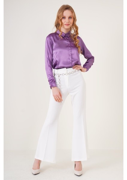 3964 Hafif Dökümlü Saten Gömlek - Mor fiyatları