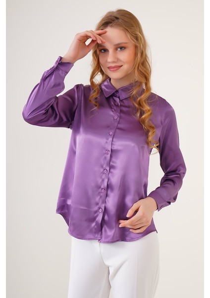 3964 Hafif Dökümlü Saten Gömlek - Mor modelleri