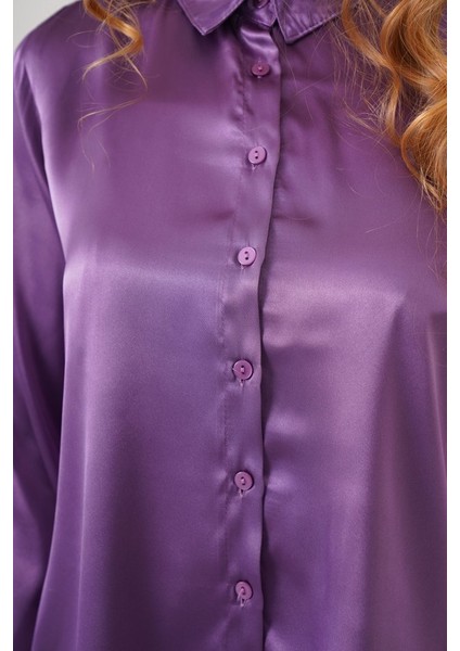 3964 Hafif Dökümlü Saten Gömlek - Mor fırsatları