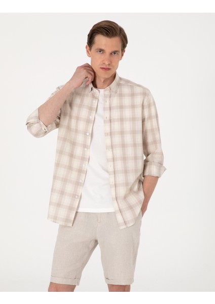 Erkek Bej Regular Fit Ekose Uzun Kollu Gömlek 50310832-VR011