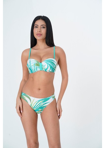 2025 Kreasyonu Beyaz, Palmiye Desenli Straplez Bikini Takımı