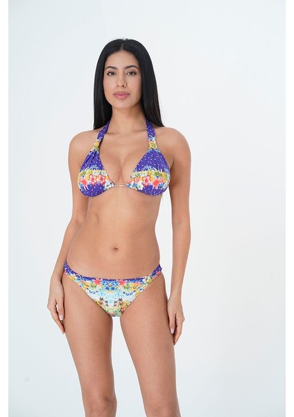 2025 Kreasyonu Mor, Etnik Çiçek Desenli Üçgen Bikini Takımı