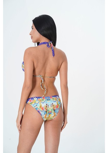 2025 Kreasyonu Mor, Etnik Çiçek Desenli Üçgen Bikini Takımı