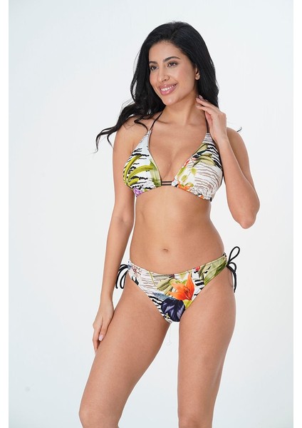 2025 Kreasyonu Beyaz, Çiçek/yaprak Desenli, Üçgen Bikini Takımı