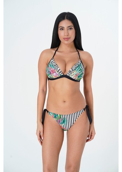 2025 Kreasyonu Çiçek/siyah Beyaz Çizgi Desenli Üçgen Kaplı Bikini Takımı