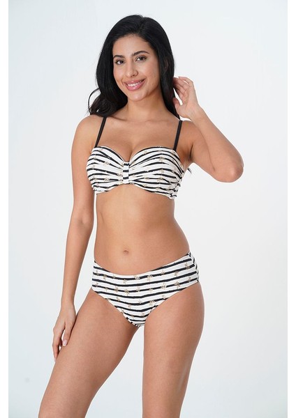 2025 Kreasyonu Beyaz, Siyah Çizgili, Drape Bikini Takımı