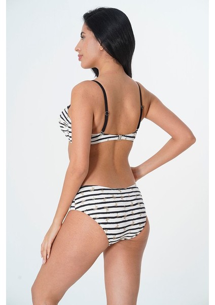 2025 Kreasyonu Beyaz, Siyah Çizgili, Drape Bikini Takımı
