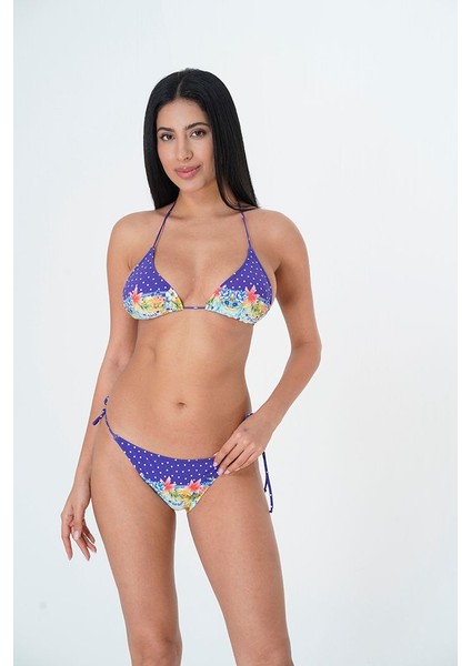 2025 Kreasyonu Mor, Çiçek Desenli, Üçgen Bikini Takımı