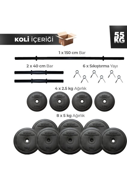 55 kg 150 cm Uzun Bar Dambıl Seti, Halter Seti ve Fitness Ağırlık Seti Dambıl & Ağırlık Plakası
