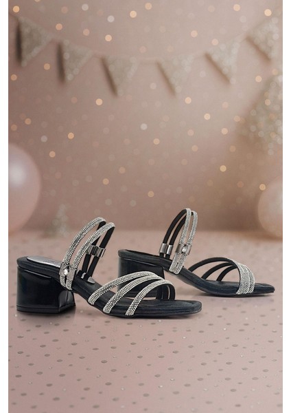 Judy Siyah Taşlı Kız Çocuk Topuklu Terlik Ayakkabı