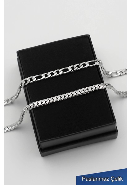 316L Çelik Kararmaz Gümüş Figaro ve Urban Erkek Bileklik (2 Adet)