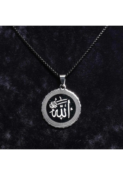 Allah Yazılı Yuvarlak Gümüş Kaplama Çelik Kolye Siyah Zincirli