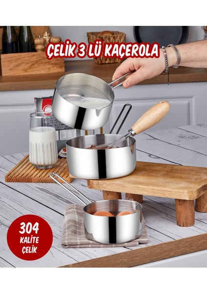 Çelik 3'lü Kaçerola Sosluk Sütlük 12cm-14cm-16cm indirimleri