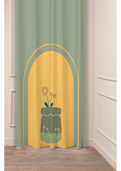 Bohem Papatya Çiçek Pastel Soft Özel Tasarım Dijital Baskılı (Tek Kanat) Yeşil Modern Şık Fon Perde