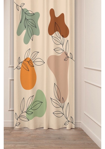Yaprak Sade Soft Pastel Bohem Özel Tasarım Dijital Baskılı (Tek Kanat) Krem Bej Şık Modern Fon Perde