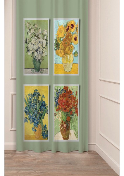 Van Gogh Ayçiçeği Papatya Gelincik Çiçekler Özel Tasarım Dijital Baskılı (Tek Kanat) Sanat Fon Perde
