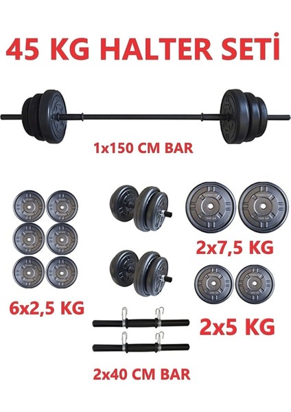 45 kg Moccadiamond 45 kg Halter Seti Dambıl Seti Ağırlık ve Vücut Geliştirme (80 kg Plaka Ağırlığı)