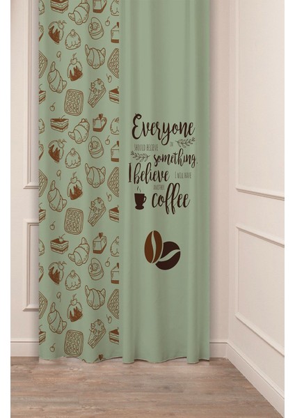 Coffee Kahve Bohem Özel Tasarım Dijital Baskılı (Tek Kanat) Modern Şık Mutfak Bej Krem Fon Perde