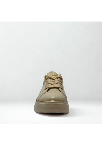 Kadın Spor Sneaker Ayakkabı Krem Krem-Ortopedik Taban-Bağcıklı Fermuarlı