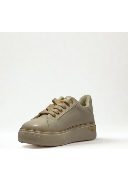 Kadın Spor Sneaker Ayakkabı Krem Krem-Ortopedik Taban-Bağcıklı Fermuarlı
