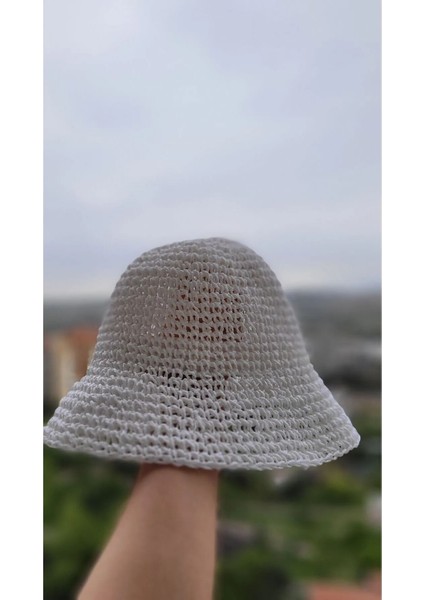 Örgü Hasır Bucket Kadın Şapka Beyaz