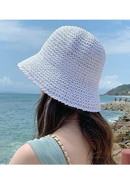 Örgü Hasır Bucket Kadın Şapka Beyaz