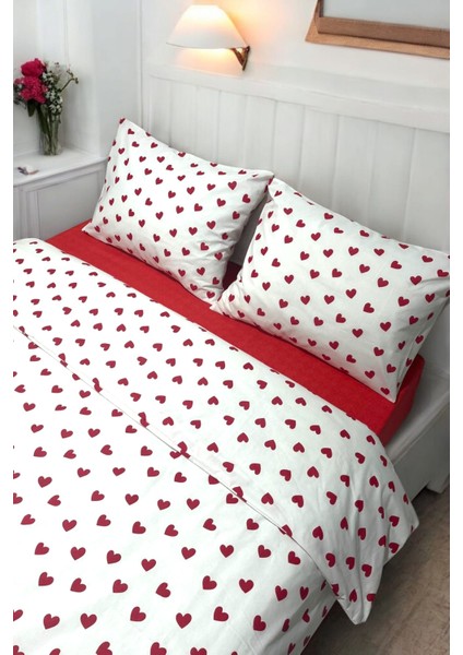 Beyaz-Kırmızı Kalp Desenli Çift Kişilik Nevresim Takımı