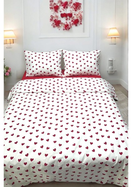 Beyaz-Kırmızı Kalp Desenli Çift Kişilik Nevresim Takımı fiyatları