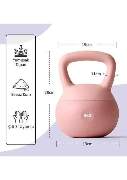 5kg Soft Kettlebell Yumuşak Tabanlı Metal Kumlu Ses Yapmaz Darbeye Dayanıklı Çift El Ağırl