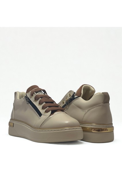 Kadın Spor Sneaker Ayakkabı Krem Taba-Ortopedik Taban-Bağcıklı Fermuarlı