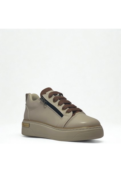Kadın Spor Sneaker Ayakkabı Krem Taba-Ortopedik Taban-Bağcıklı Fermuarlı