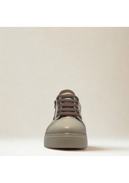 Kadın Spor Sneaker Ayakkabı Krem Taba-Ortopedik Taban-Bağcıklı Fermuarlı