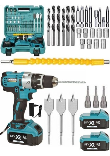 Germany Thechnology Xr 58 Watt 5 Ah Çift Akülü Şarjlı Vidalama Darbeli Matkap Blue