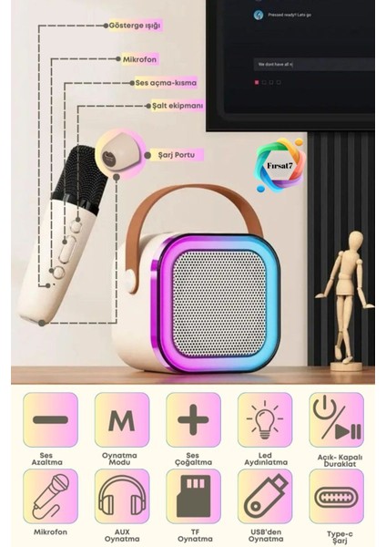Çift Karaoke 2 Mikrofon Kablosuz Bluetooth Hoparlör 5 Ses Efektli Rgb Hd Stereo Ses Usb/Sd/Fm modelleri