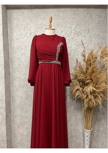 25Y4636 Elbise Abiye Şifon Bel ve Göğüs Taş Işlemeli - Tane - 25Y4636 - Bordo - 42