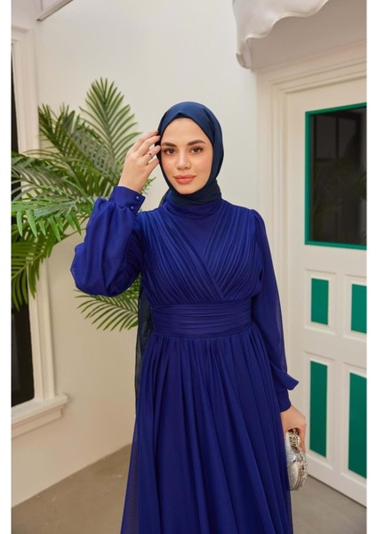 25Y4632 Elbise Abiye Tül , Bel Kuşaklı - Tane - 25Y4632 - Sax - 44