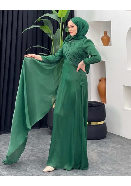 25Y4672 Elbise Abiye Janjan Kumaş Ön Dropeli Omuz Gül Detaylı - Tane - 25Y4672 - Yeşil - 38
