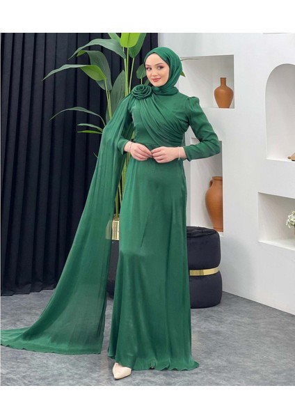 25Y4672 Elbise Abiye Janjan Kumaş Ön Dropeli Omuz Gül Detaylı - Tane - 25Y4672 - Yeşil - 38